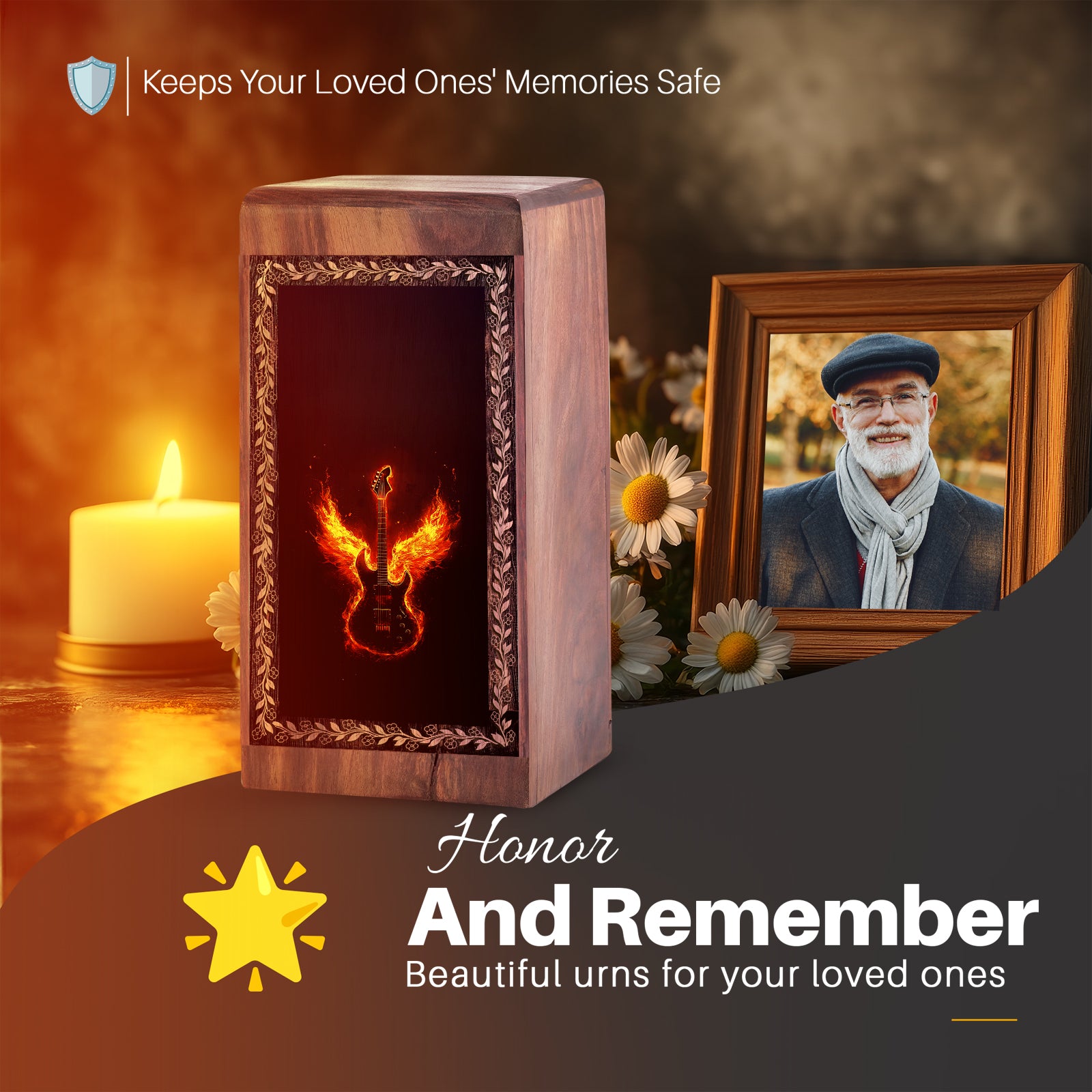 Wooden Memorial Urn With Fire Wings Theme - Handcrafted Phoenix Music Urn