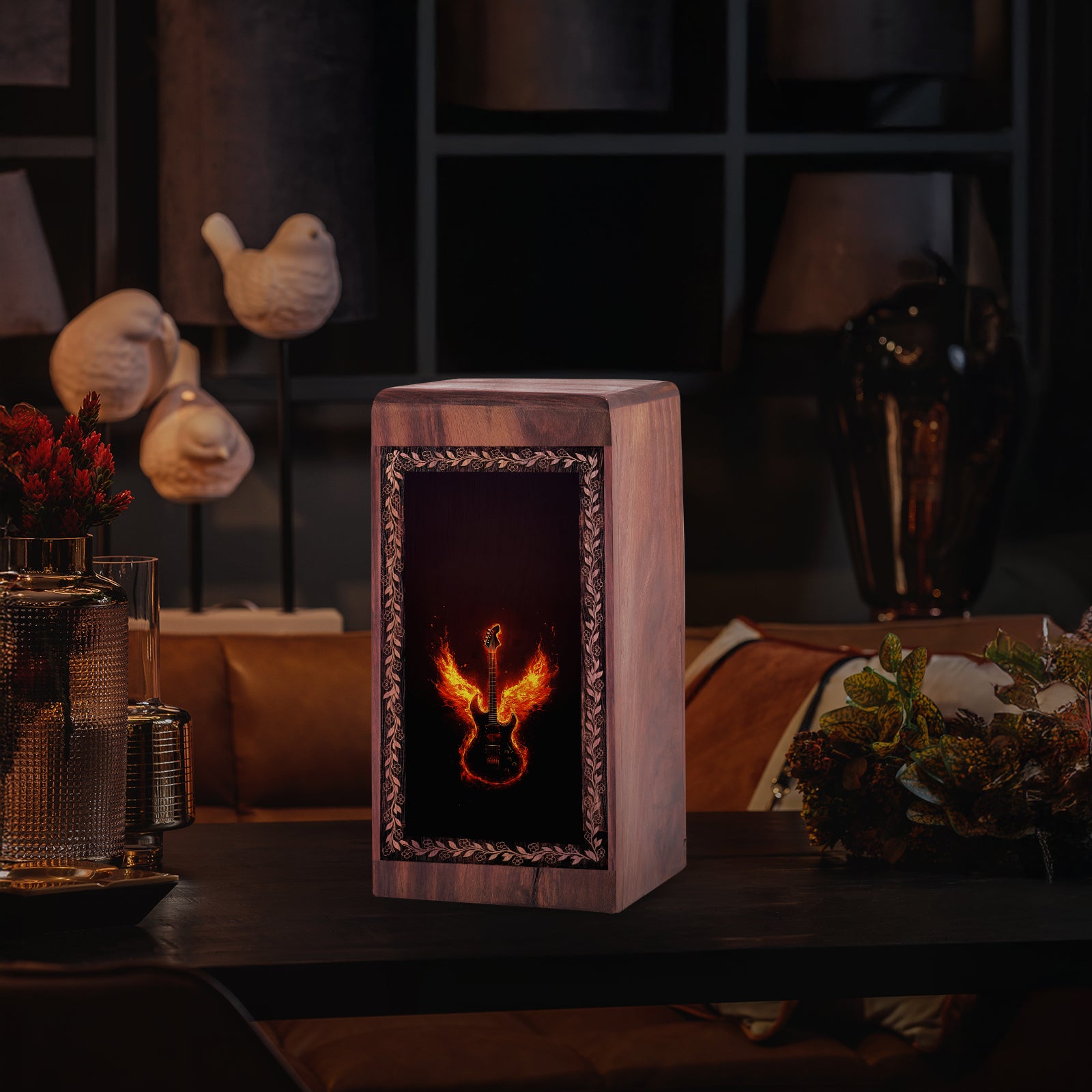 Wooden Memorial Urn With Fire Wings Theme - Handcrafted Phoenix Music Urn
