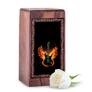 Wooden Cremation Urn for Human Ashes - Fire Wings Guitar Memorial Box