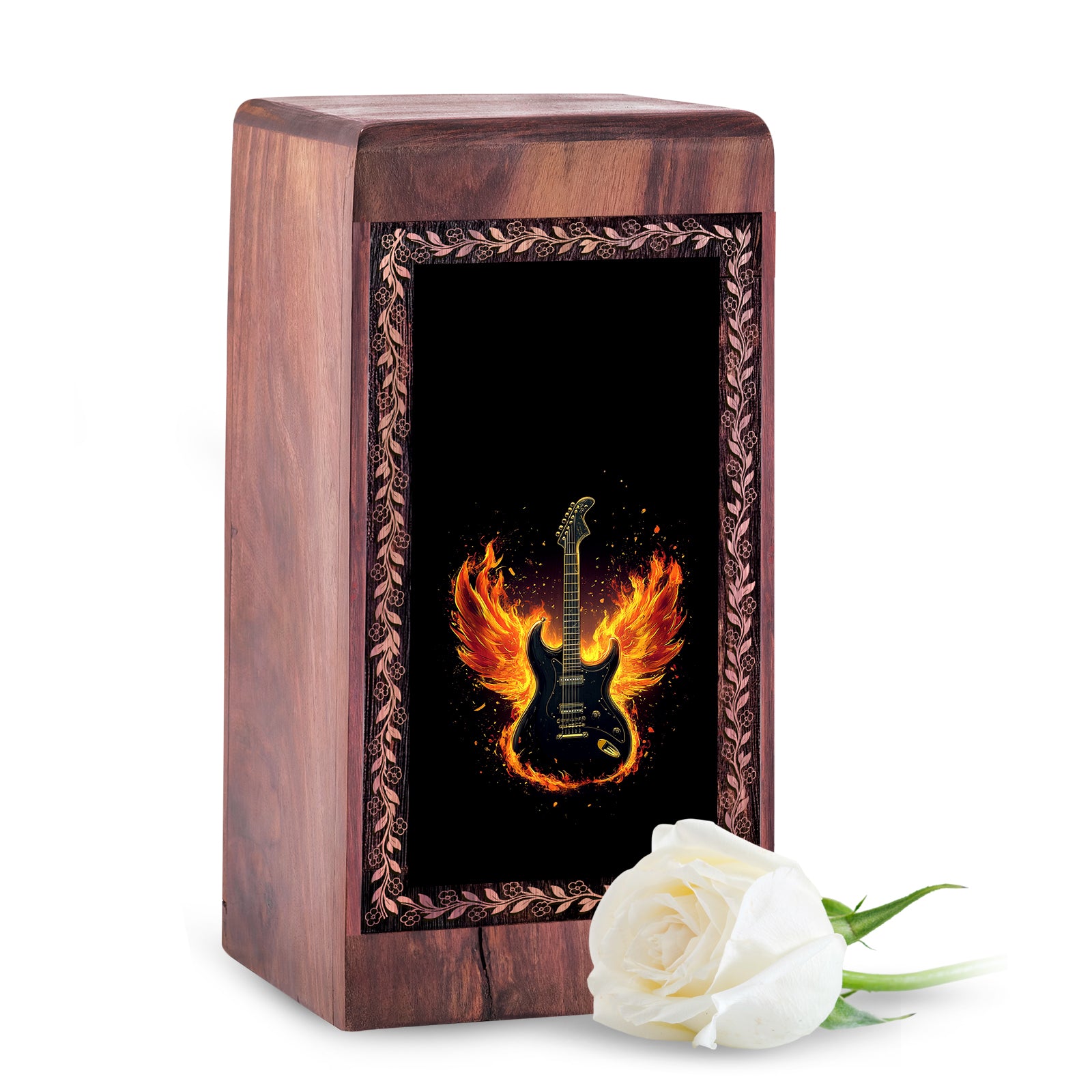Wooden Cremation Urn for Human Ashes - Fire Wings Guitar Memorial Box