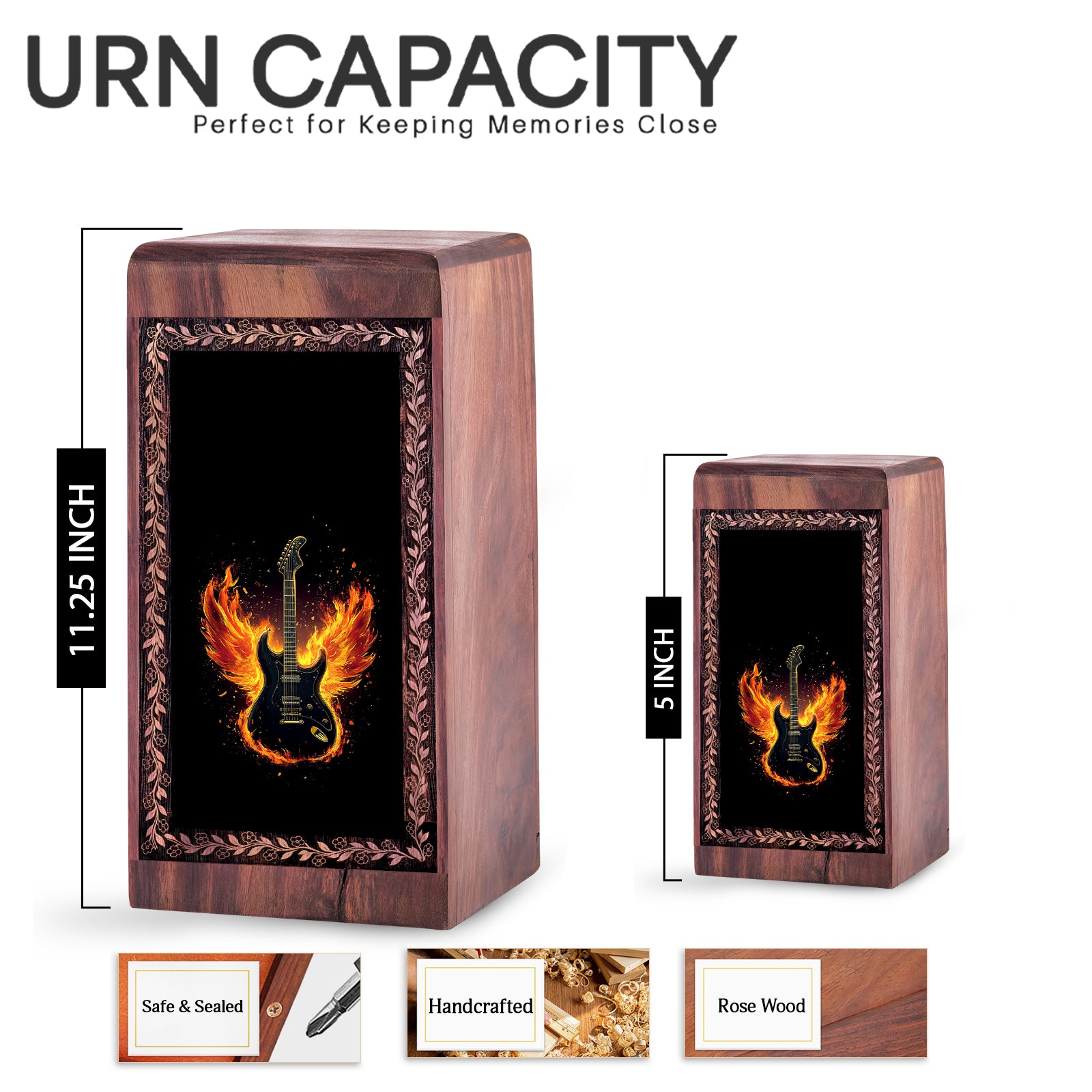 Wooden Cremation Urn for Human Ashes - Fire Wings Guitar Memorial Box
