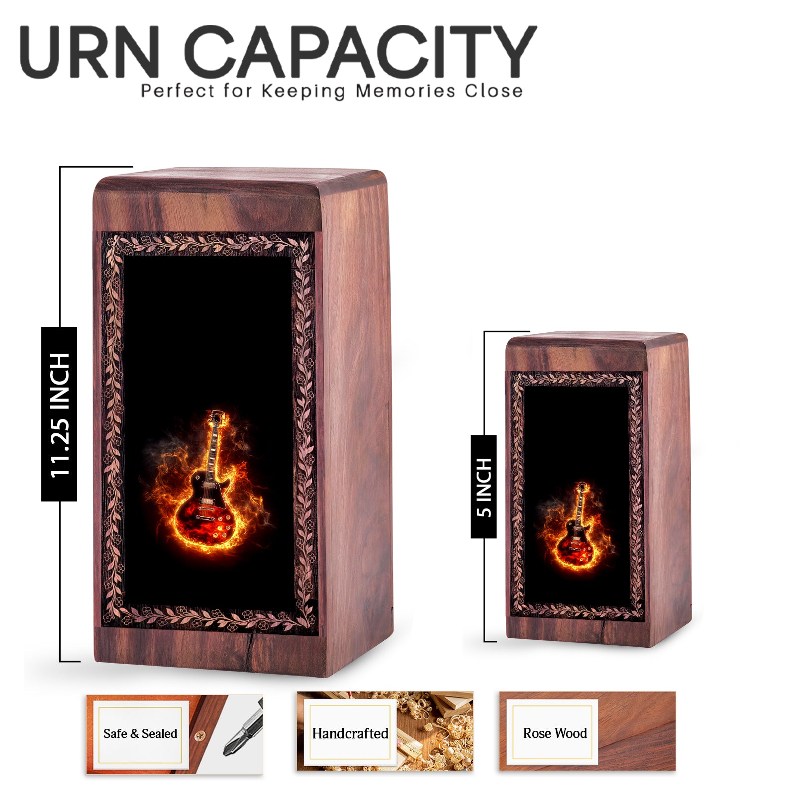 Wood Cremation Urn For Burial - Classic Electric Guitar Theme Funeral Boxes