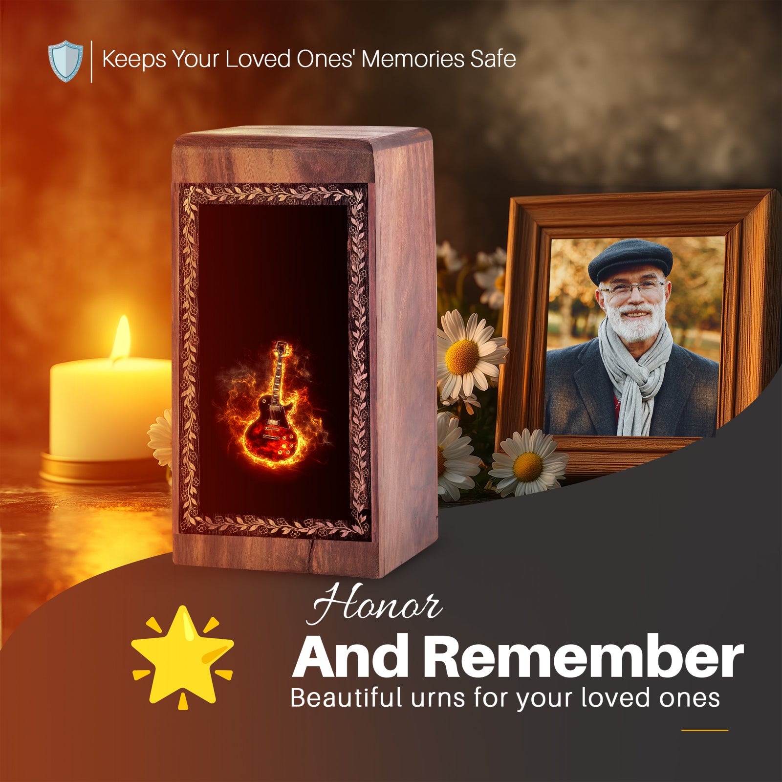 Wood Cremation Urn For Burial - Classic Electric Guitar Theme Funeral Boxes