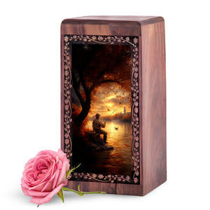 Golden Sunset Fishing Urn Box - Wooden Box For Human Ashes Adult