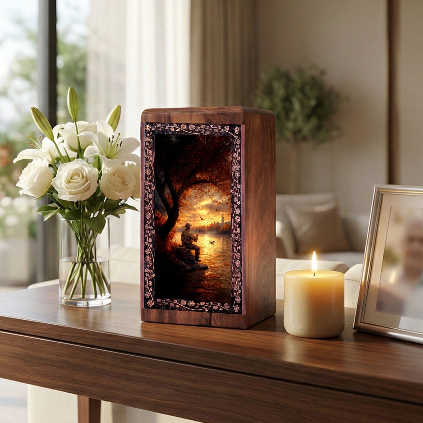 Golden Sunset Fishing Urn Box - Wooden Box For Human Ashes Adult