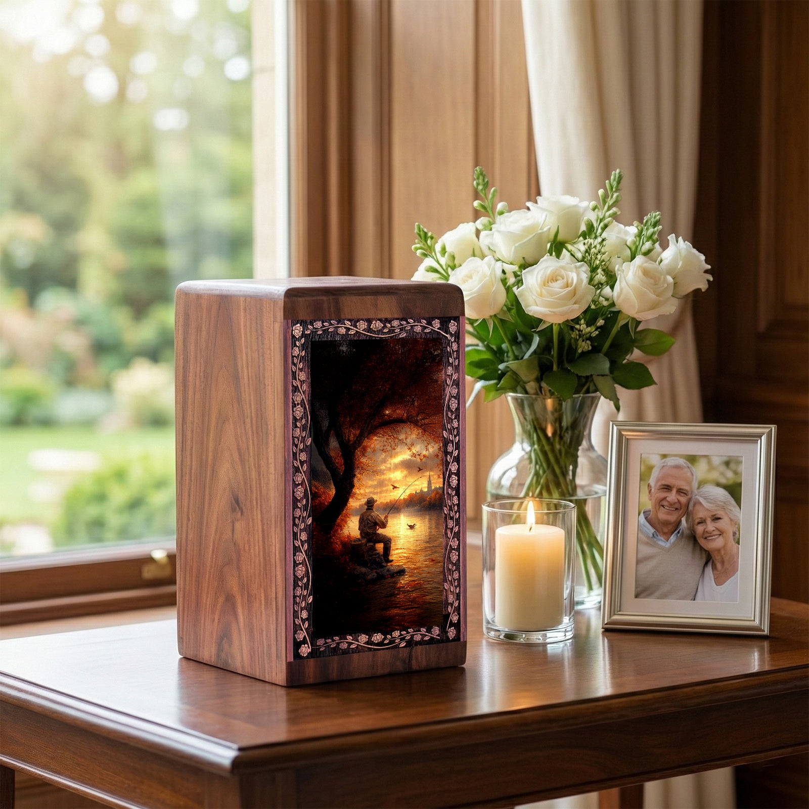 Golden Sunset Fishing Urn Box - Wooden Box For Human Ashes Adult