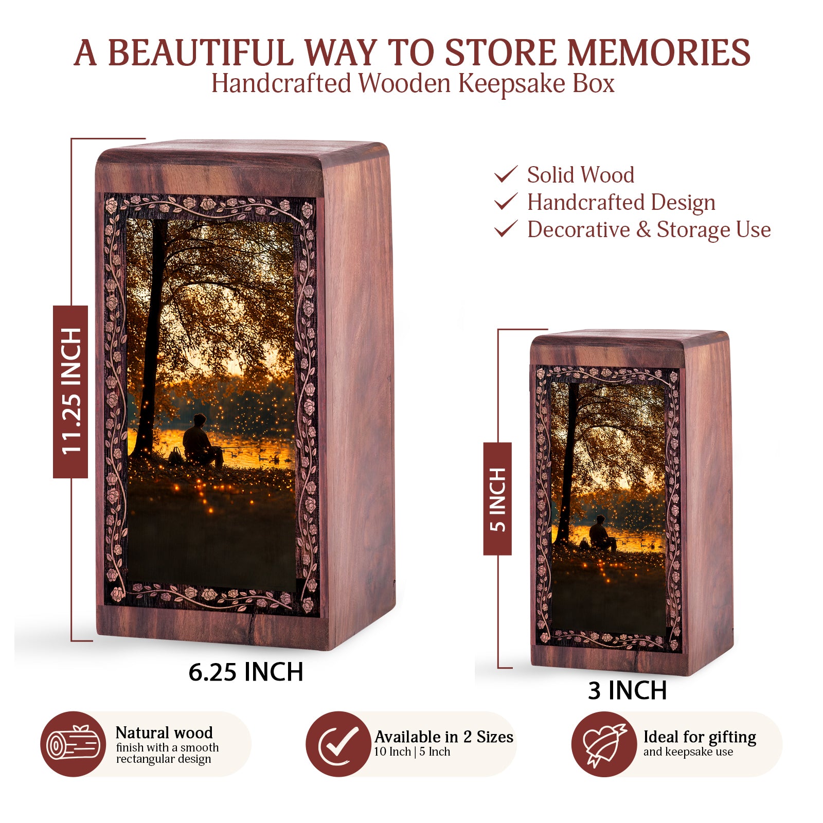 Sunset Reflection Lake Urn Box - Wooden Urns For Human Ashes Adult Man