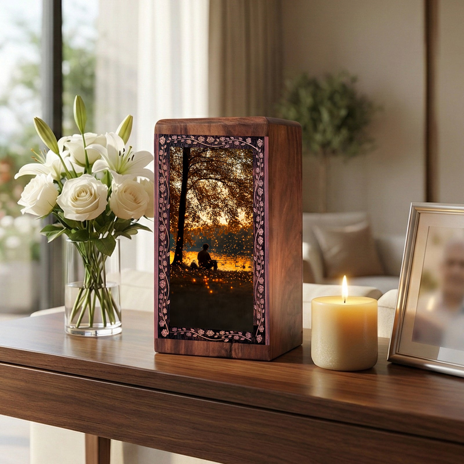 Sunset Reflection Lake Urn Box - Wooden Urns For Human Ashes Adult Man
