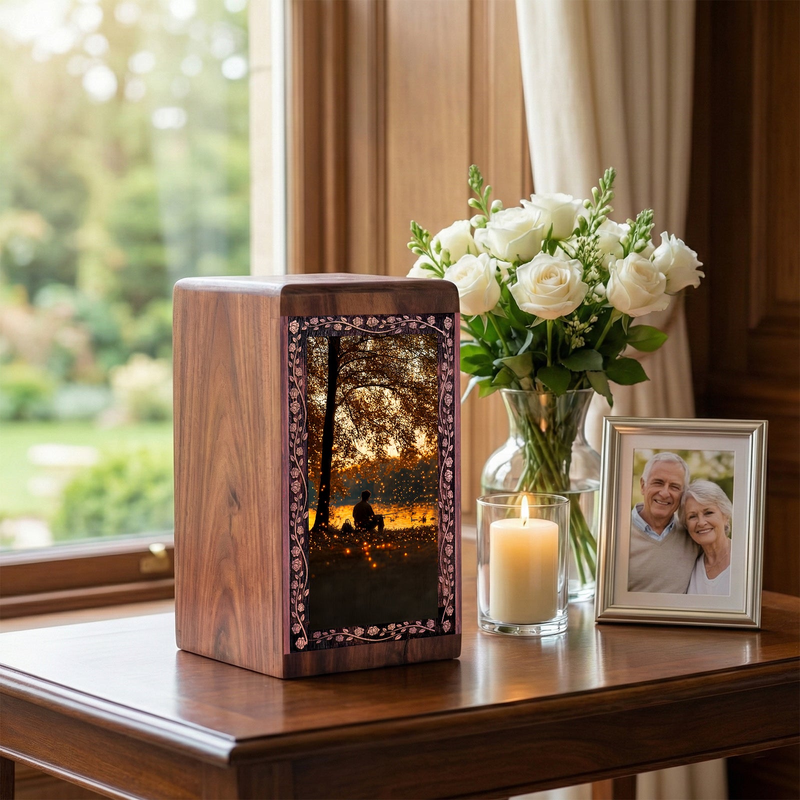 Sunset Reflection Lake Urn Box - Wooden Urns For Human Ashes Adult Man