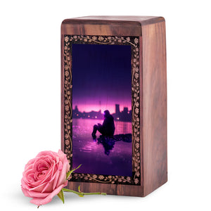 Fishing Handmade Wooden Urn Box - Purple Reflection Theme Urn For Human Ashes
