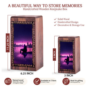 Fishing Handmade Wooden Urn Box - Purple Reflection Theme Urn For Human Ashes