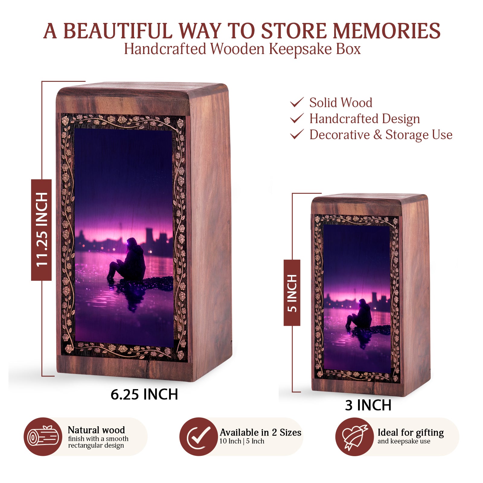 Fishing Handmade Wooden Urn Box - Purple Reflection Theme Urn For Human Ashes
