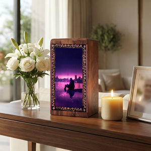 Fishing Handmade Wooden Urn Box - Purple Reflection Theme Urn For Human Ashes