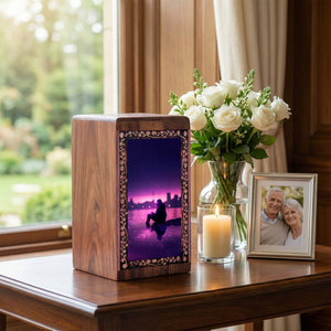 Fishing Handmade Wooden Urn Box - Purple Reflection Theme Urn For Human Ashes