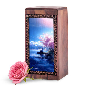 Spring Nature Lake Fishing Theme Urn - Wooden Cremation Urn For Adult Male