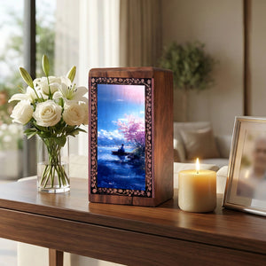 Spring Nature Lake Fishing Theme Urn - Wooden Cremation Urn For Adult Male