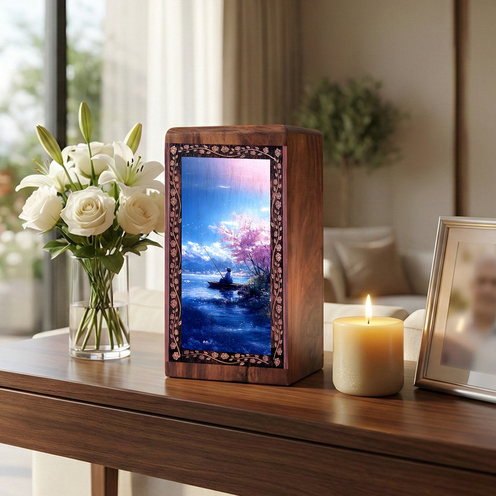 Spring Nature Lake Fishing Theme Urn - Wooden Cremation Urn For Adult Male