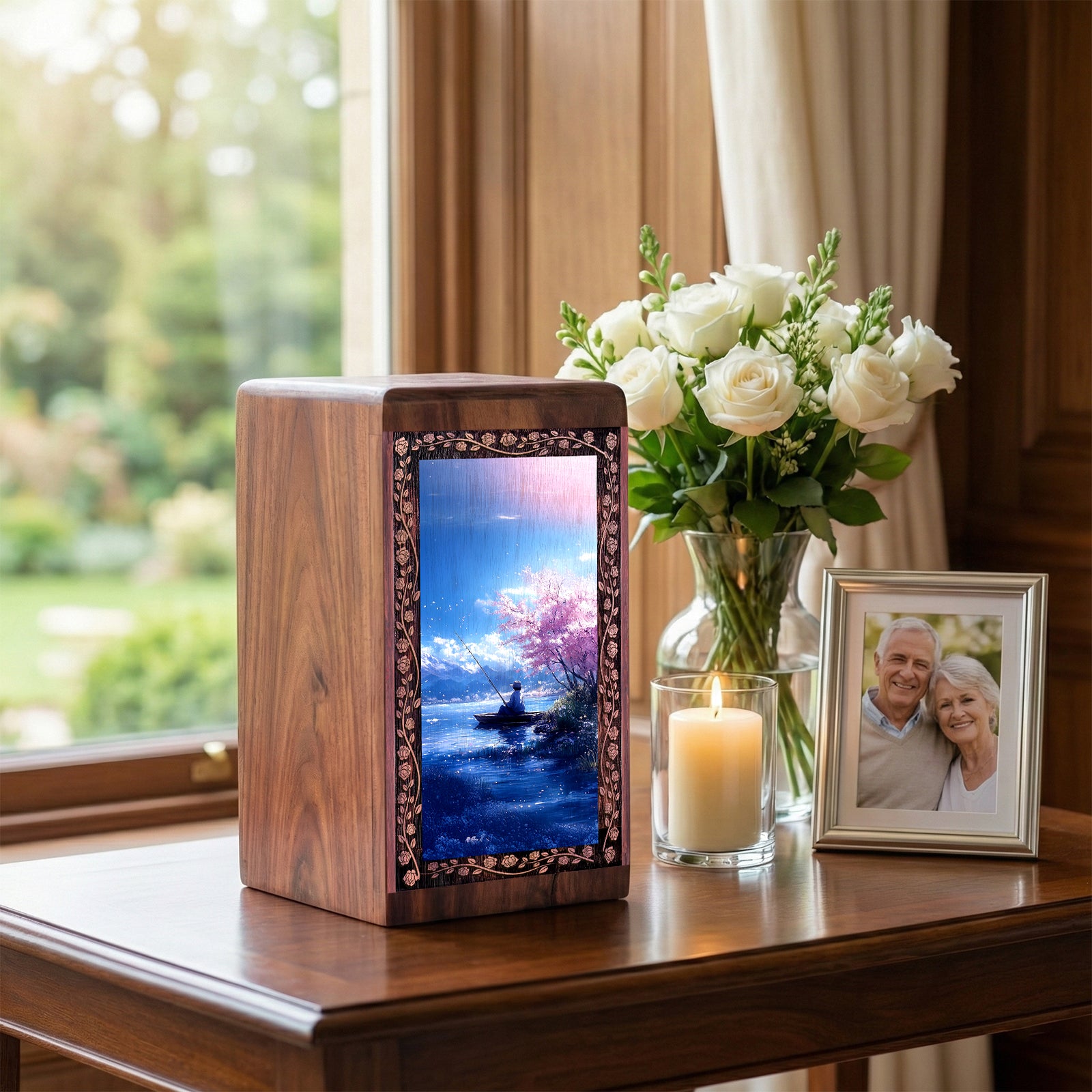 Spring Nature Lake Fishing Theme Urn - Wooden Cremation Urn For Adult Male