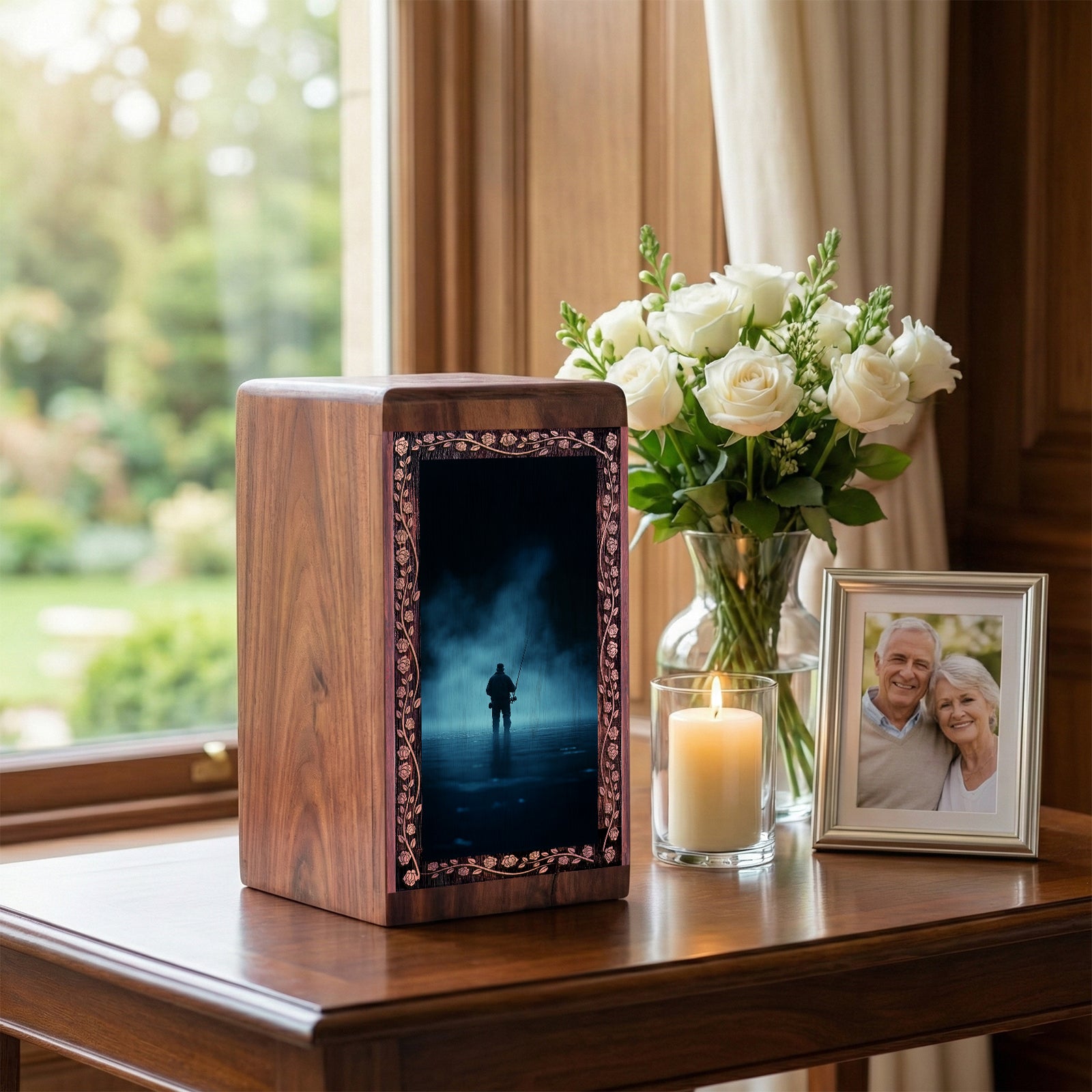 Misty Night Lake Fishing Memorial Urn - Cremation Urn For Adult Male