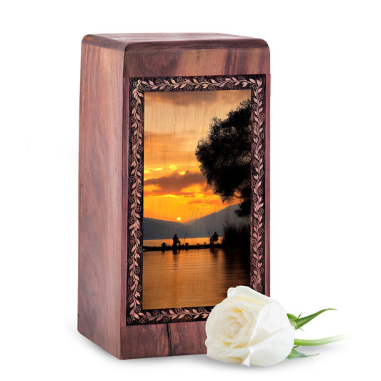 Peaceful Evening Fishing Cremation Urn - Handwood Funeral Box For Ashes