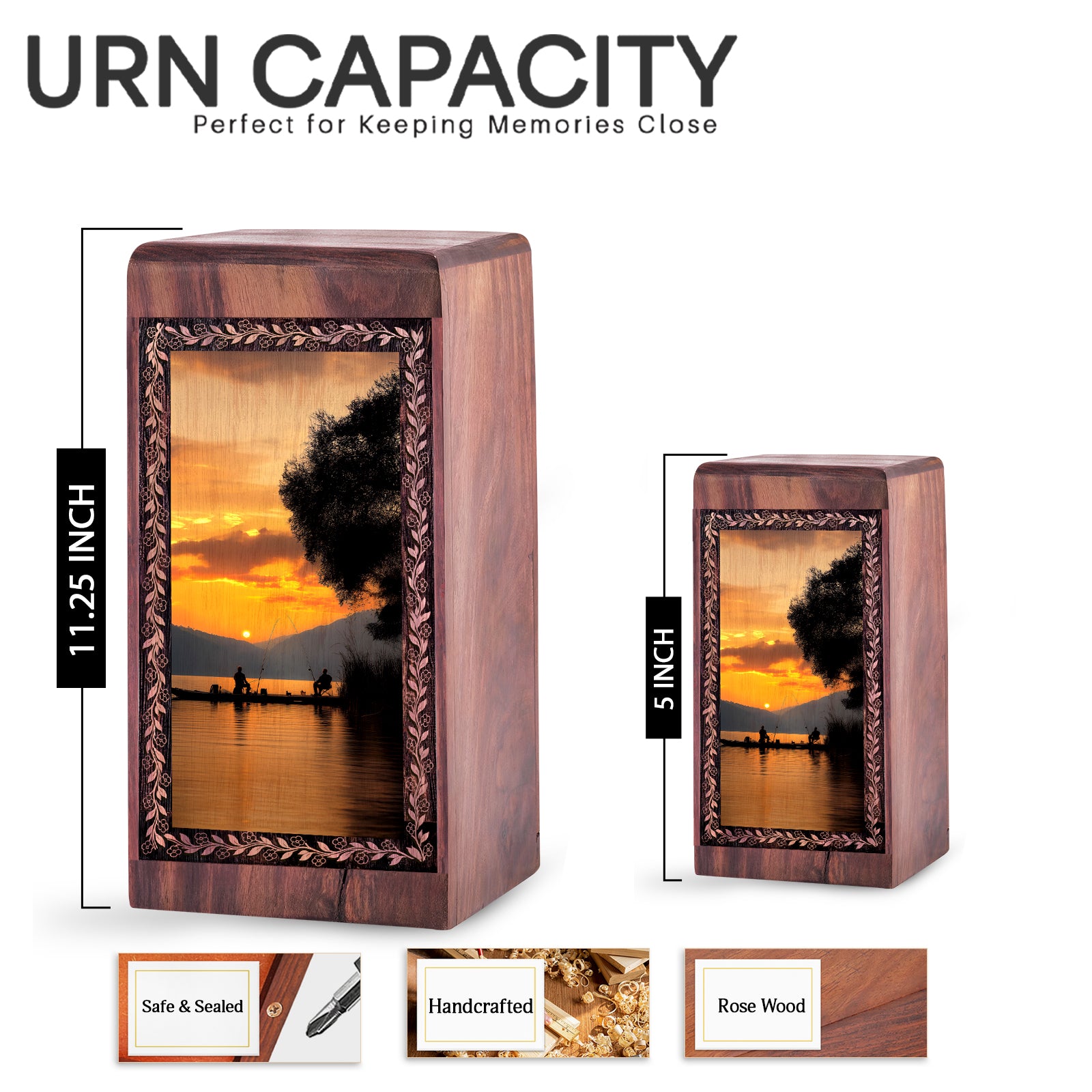 Peaceful Evening Fishing Cremation Urn - Handwood Funeral Box For Ashes