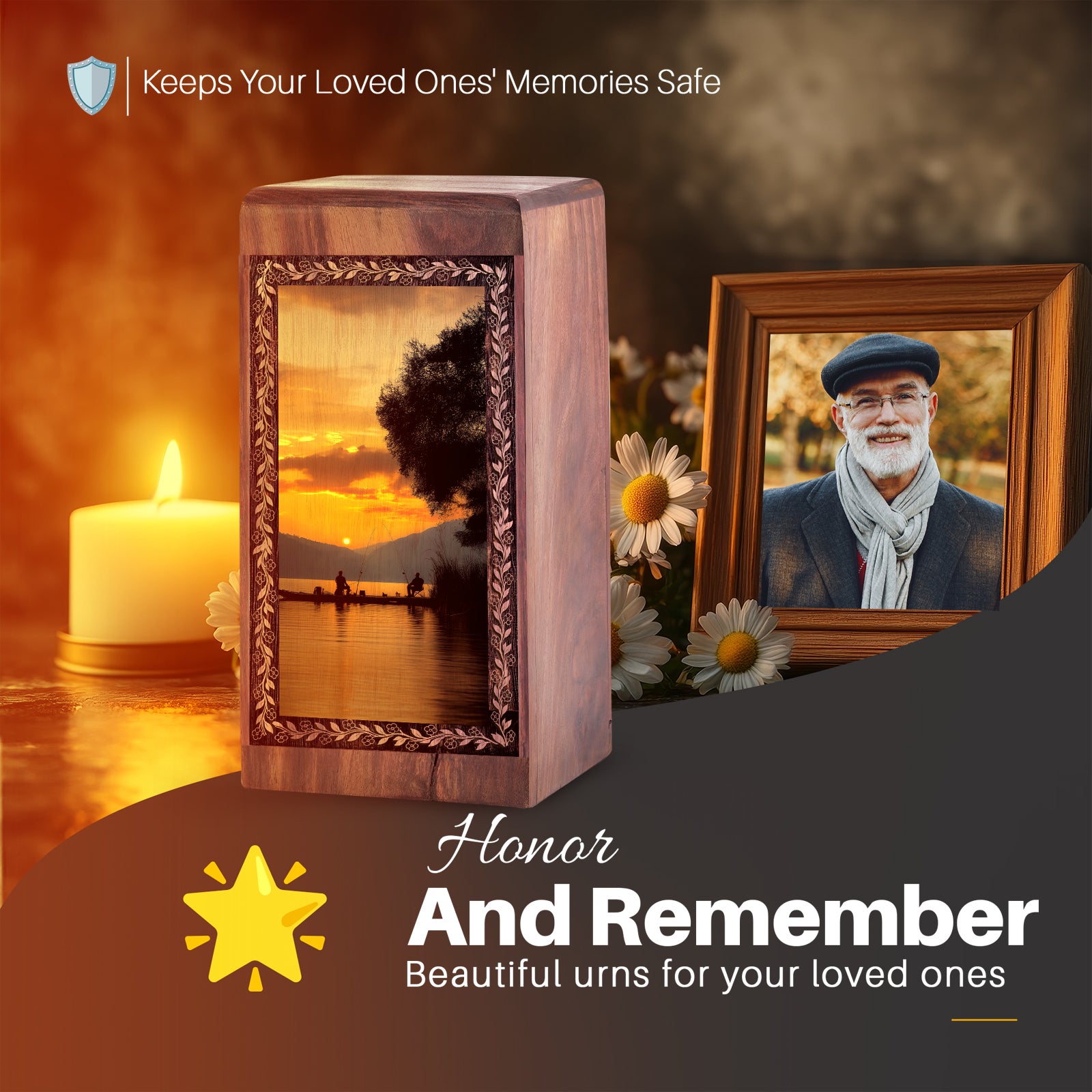 Peaceful Evening Fishing Cremation Urn - Handwood Funeral Box For Ashes