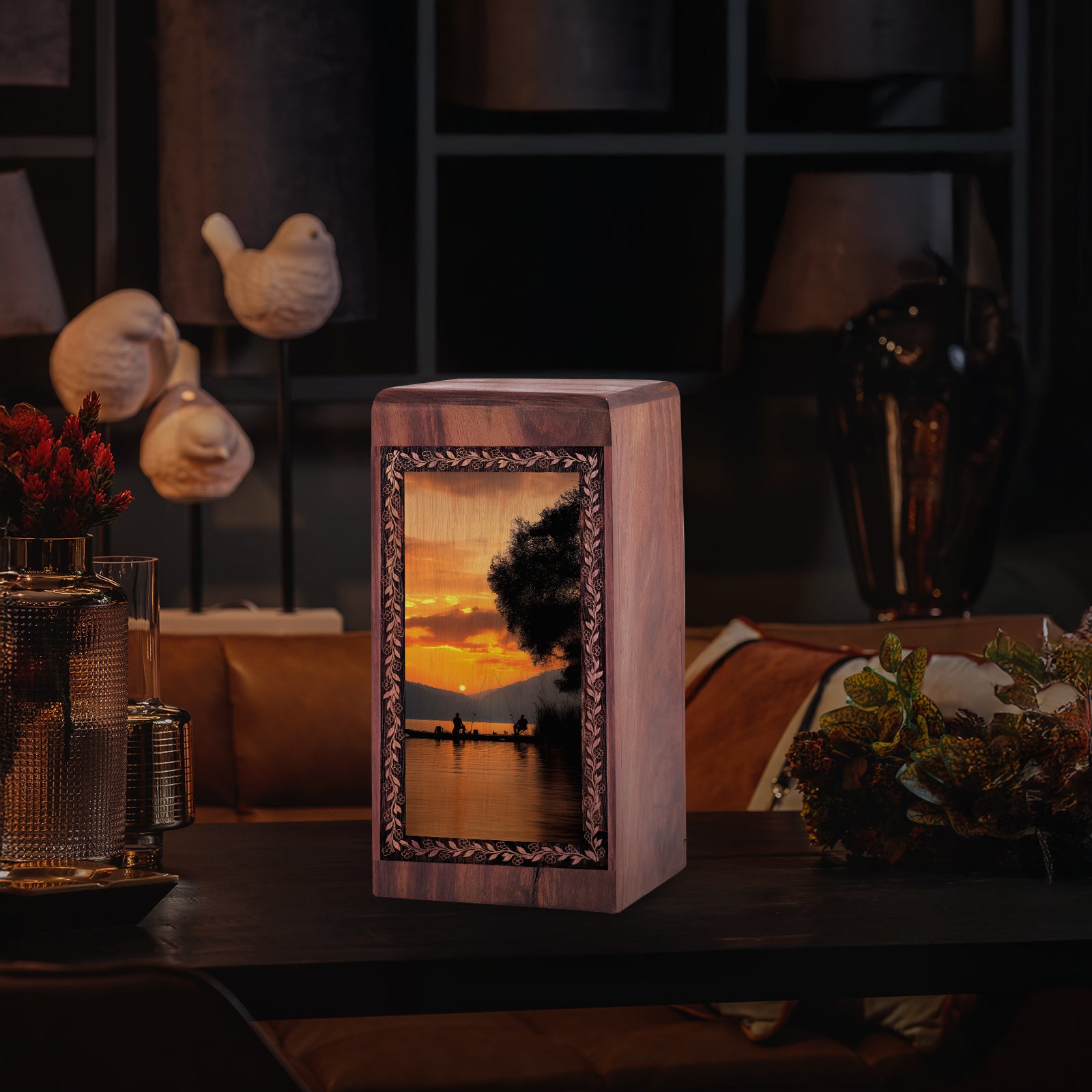 Peaceful Evening Fishing Cremation Urn - Handwood Funeral Box For Ashes