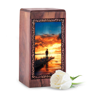 Calm Lake Pier Fishing Urn - Wood Cremation Urn For Mom & Dad