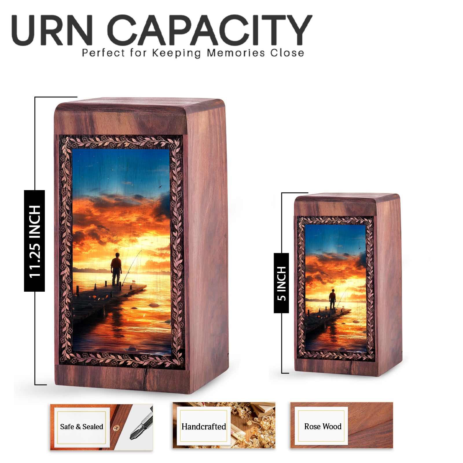Calm Lake Pier Fishing Urn - Wood Cremation Urn For Mom & Dad