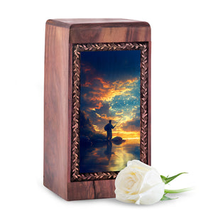 Dramatic Sky Fishing Theme Urn - Wooden Urns For Human Ashes Adult Male
