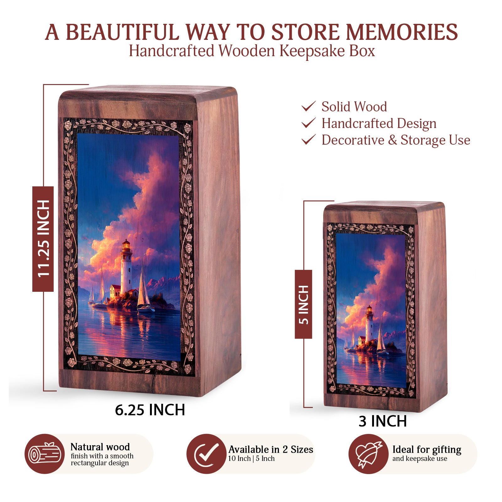 Lighthouse Memorial Urn For Ashes - Wood Cremation Urn For Burial