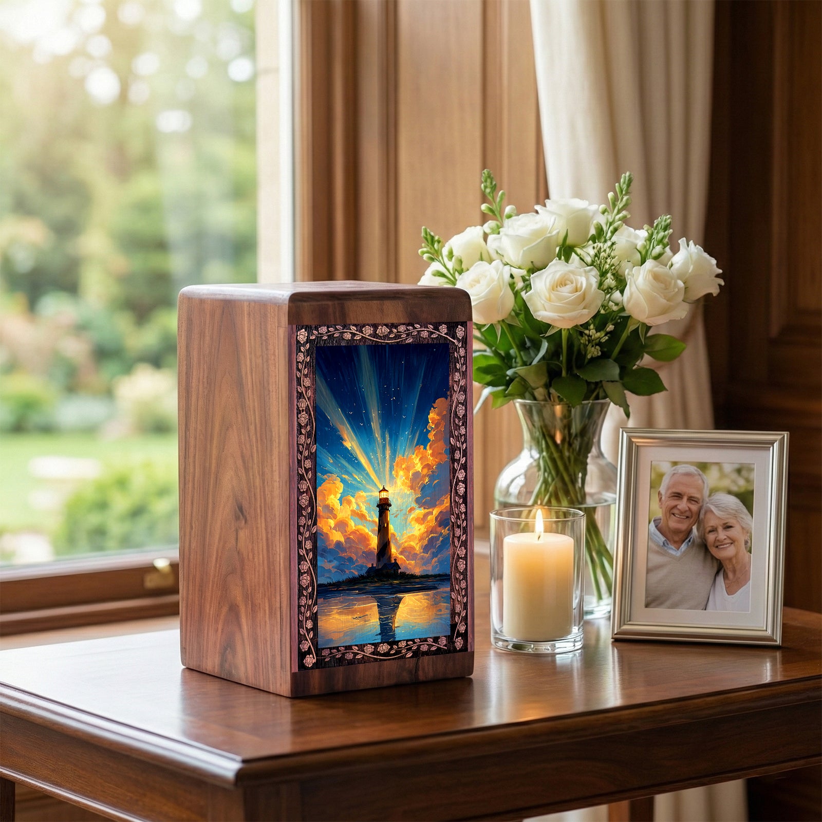 Radiant Light Lighthouse Theme Urn - Wooden Urn For Mother & Father