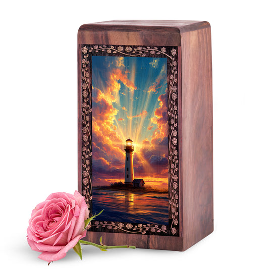 Golden Sky Lighthouse Theme Urn Box - Large Wooden Box Urn For Human Ashes