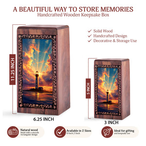 Golden Sky Lighthouse Theme Urn Box - Large Wooden Box Urn For Human Ashes