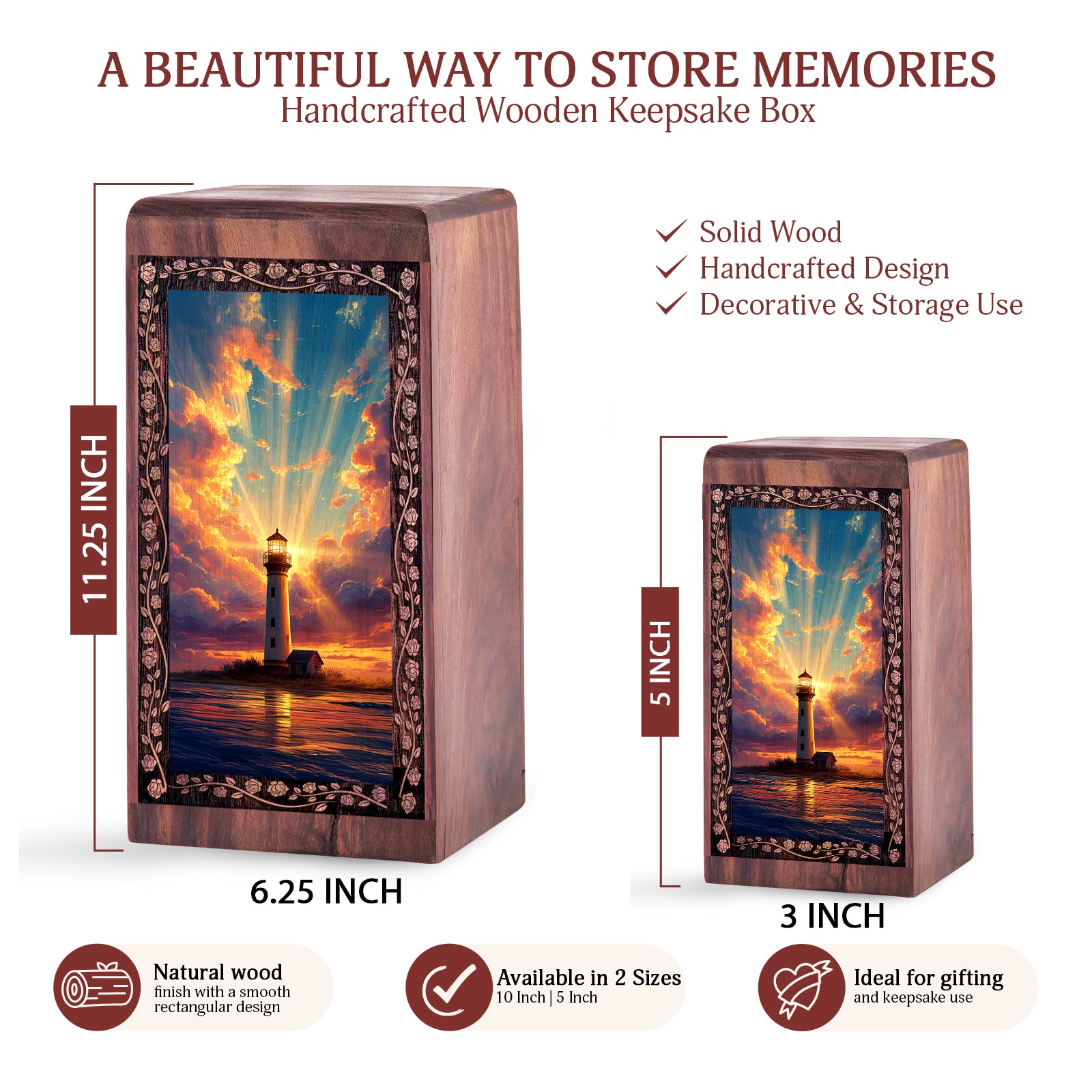 Golden Sky Lighthouse Theme Urn Box - Large Wooden Box Urn For Human Ashes