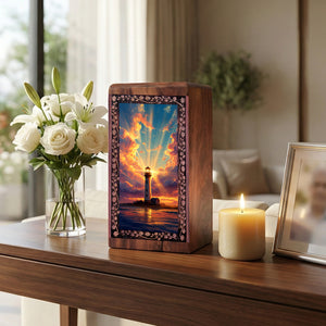 Golden Sky Lighthouse Theme Urn Box - Large Wooden Box Urn For Human Ashes