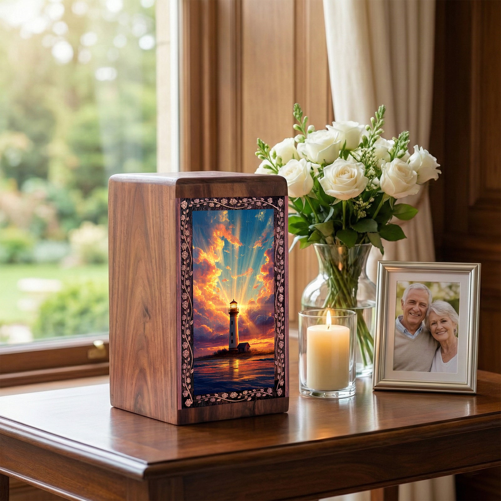 Golden Sky Lighthouse Theme Urn Box - Large Wooden Box Urn For Human Ashes