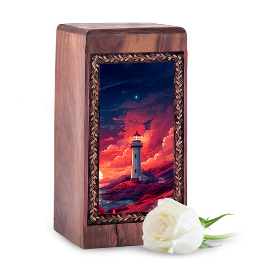 Red Horizon Lighthouse Burial Urn - Wood Urn For Ashes Adult Woman