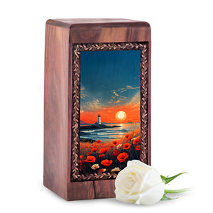 Lighthouse Cremation Urns Wooden Box - Coastal Sunset Theme Memorial Box Urn
