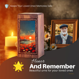 Lighthouse Cremation Urns Wooden Box - Coastal Sunset Theme Memorial Box Urn