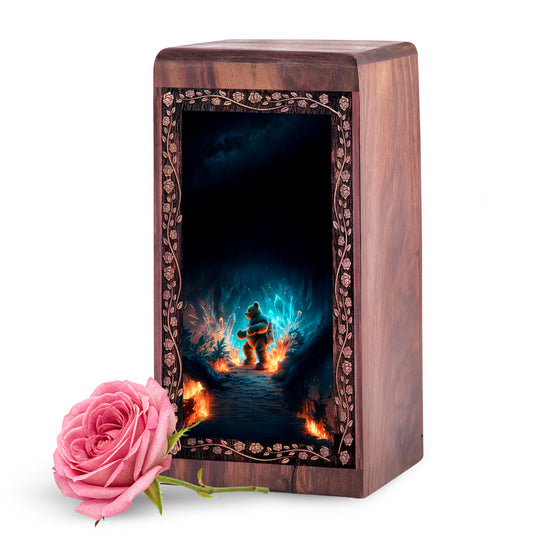 Adventure Teddy Bear Urn For Child Ashes - Wooden Fire Theme Urn Box