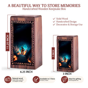 Adventure Teddy Bear Urn For Child Ashes - Wooden Fire Theme Urn Box