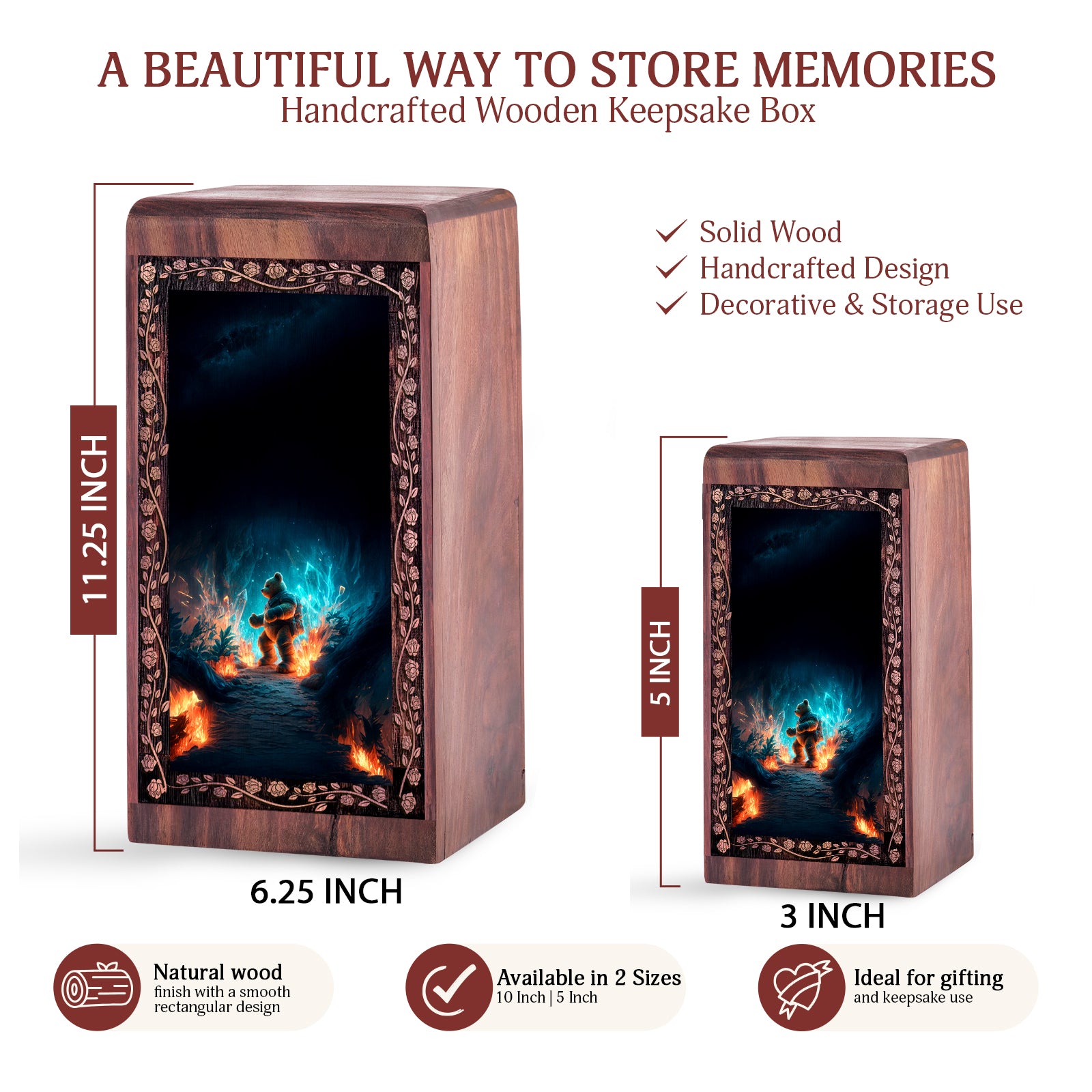 Adventure Teddy Bear Urn For Child Ashes - Wooden Fire Theme Urn Box