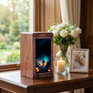 Adventure Teddy Bear Urn For Child Ashes - Wooden Fire Theme Urn Box