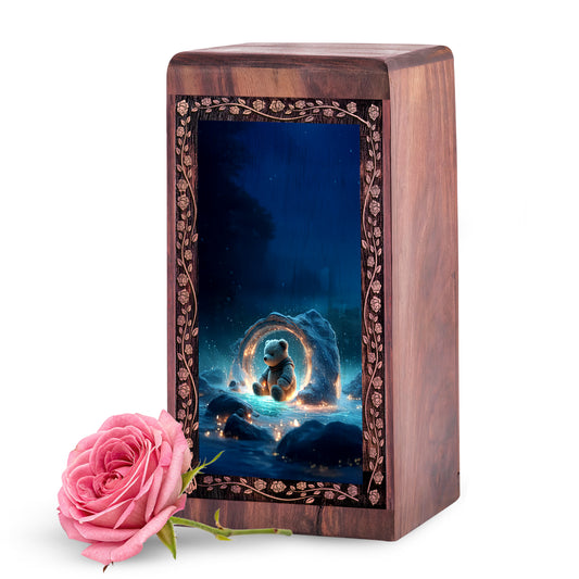 Handmade Teddy Bear Urn for Child Ashes - Wooden Water Themed Urn Box