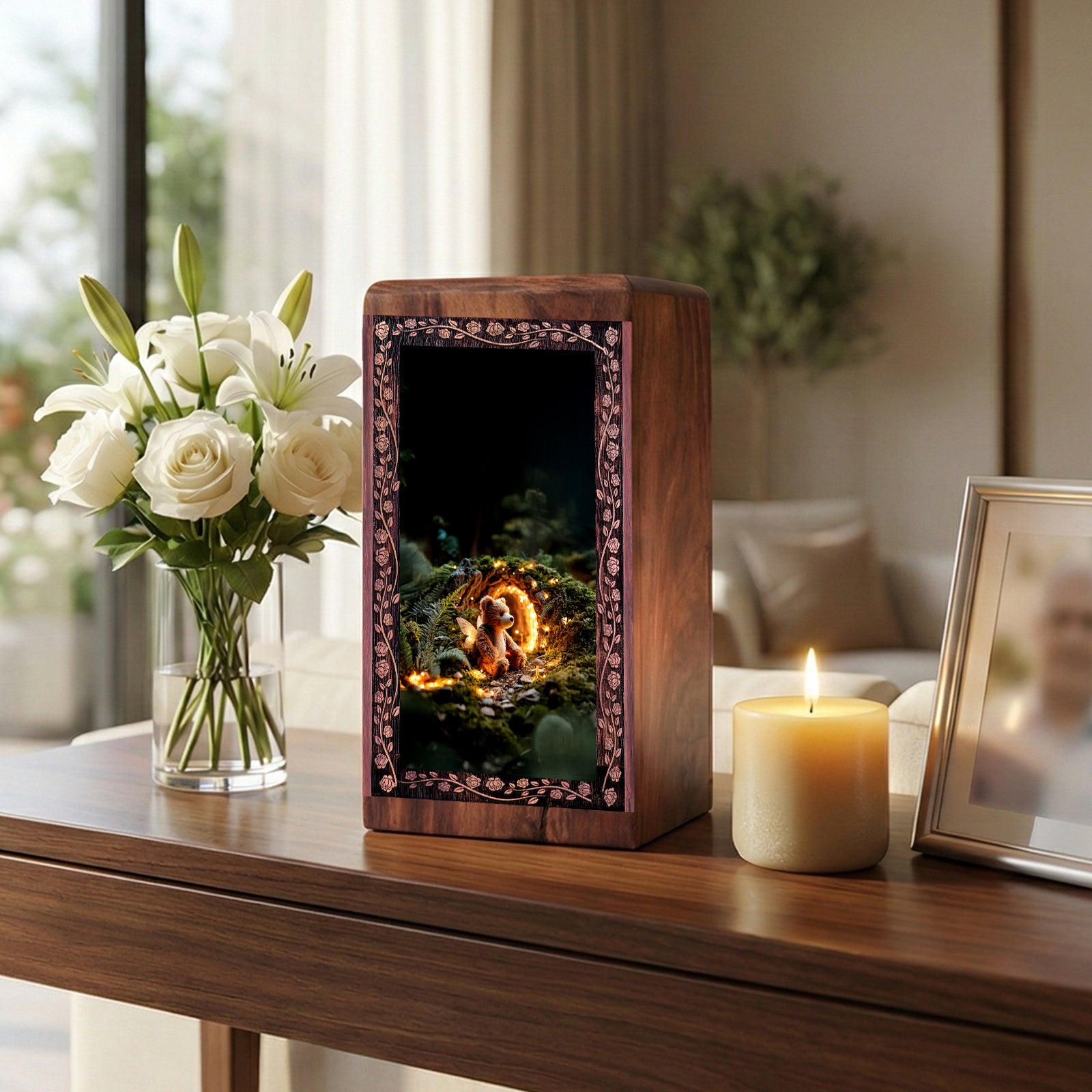 Teddy Bear Urn for Adult Ashes - Wooden Fairy Forest Theme Urn Box For Ashes