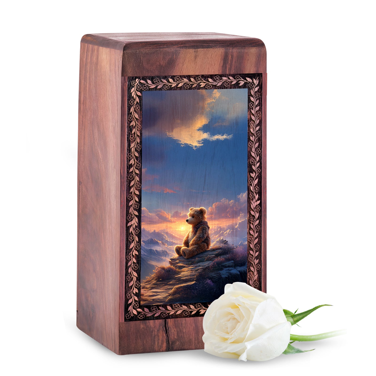 Mountain Sunset Memorial Theme Urn Box - Teddy Bear Decorative Urn for Ashes