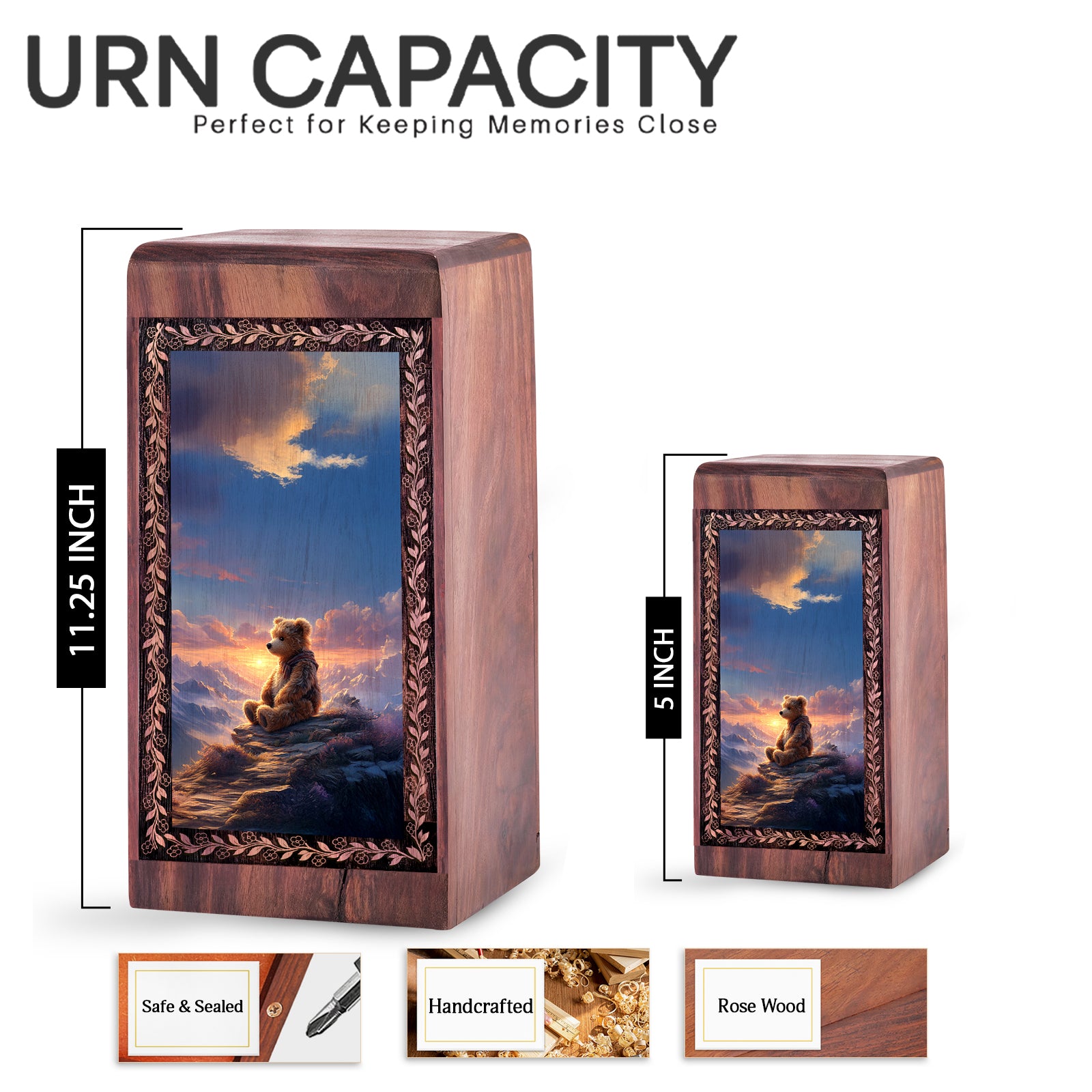Mountain Sunset Memorial Theme Urn Box - Teddy Bear Decorative Urn for Ashes