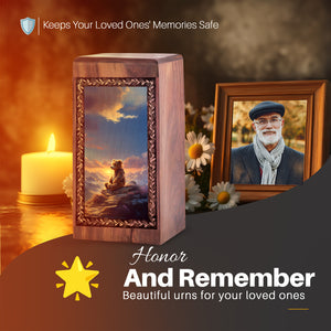 Mountain Sunset Memorial Theme Urn Box - Teddy Bear Decorative Urn for Ashes