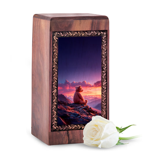 Pink Sky Teddy Bear Memorial Urn - Wood Cremation Urn For Human Ashes
